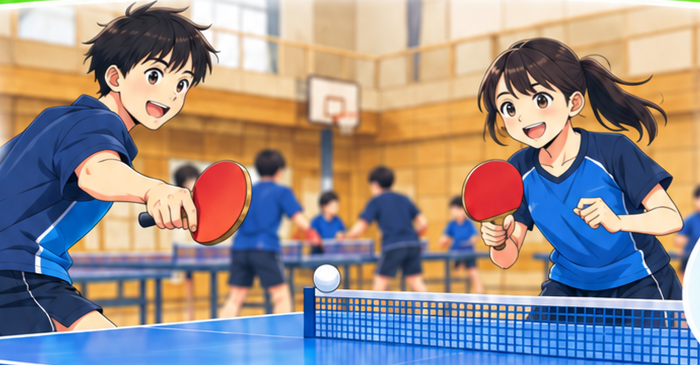募集チラシの卓球イラスト。生徒が卓球台を挟んで練習する様子